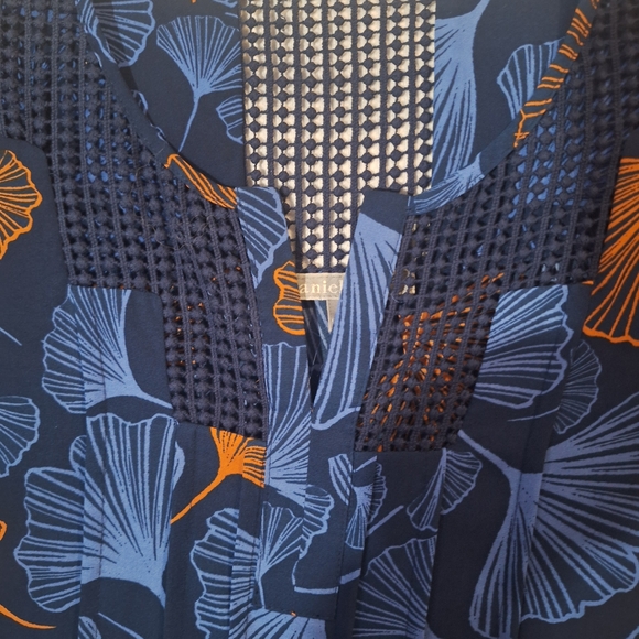 Daniel Rainn Navy and Orange Leaf Print Blouse - Picture 2 of 8